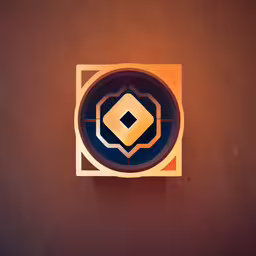 a photo of a golden, black, and blue button,abstract image in square with logo above a brown wall