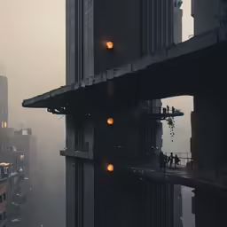 a city with buildings, lights and fog