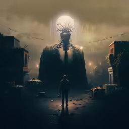 man walking into an open field near a city in the dark