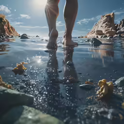 legs and feet walking on the water surrounded by rocks