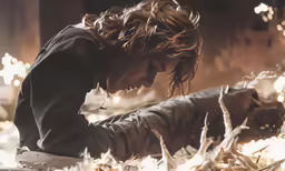a woman with wet hair is standing over a fire