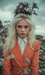 a blond woman with some fake hair wearing a red suit and headpiece