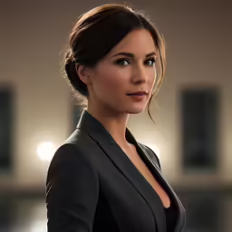 the woman in a grey suit looks at the camera