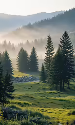 a field covered in lush green grass and trees