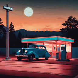a vintage car is parked in front of a gas station,a car at an old gas station lit up in the evening