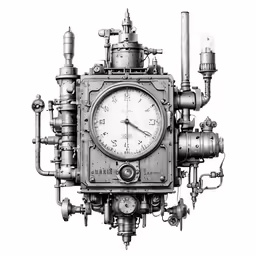a mechanical clock sits in front of a white background
