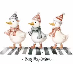 three ducks standing on a zebra crossingwalk wearing knitted hats