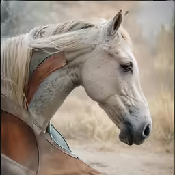 a white horse wearing a hat next to a car