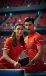 a man and woman sitting on a stadium bench wearing red uniforms