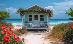a tiny house at the beach with a deck and flowers
