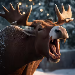 a moose has its mouth open while it stands in front of some trees