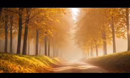 a dirt road surrounded by yellow trees in the autumn