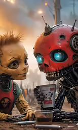 a robot and alien staring at each other
