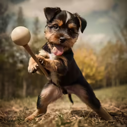 a puppy holding a ball and a bat