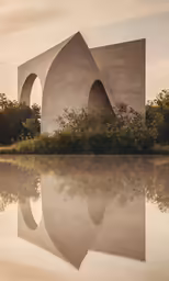 water reflecting the buildings and bushes in the foreground