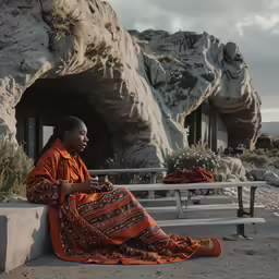 a woman is sitting on a bench in front of a cave