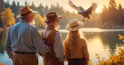 people on a lakeside watching a bird fly by