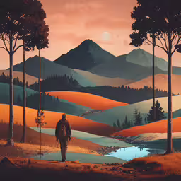 a man walking uphill to a mountain landscape,a painting of a man walking down a hill towards the woods