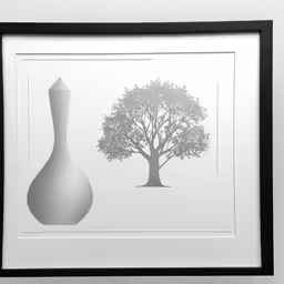 a wall mounted picture in black frame displaying an image of a vase and a tree