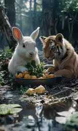 two tigers eating carrots together in a zoo