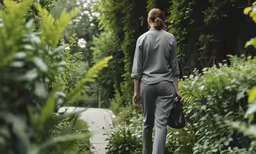 a woman in business clothes walking down the street