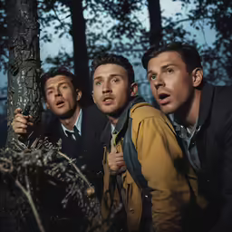 the three men are leaning on a tree looking surprised