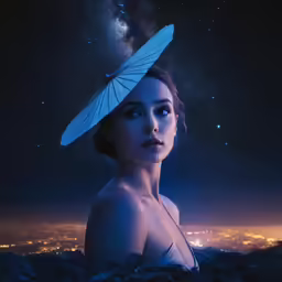a young woman wearing a blue dress in front of a night sky
