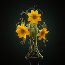 flowers are displayed in a green vase on a dark surface