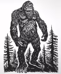 a black and white illustration of a bigfoot on skis,a black and white image of a bigfoot