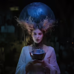 the young woman is holding a bowl near her head