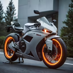 a white motorcycle parked next to a building