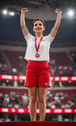 a female athlete on the podium raising her hands up