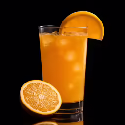 a orange and orange soda drink with ice on the rim