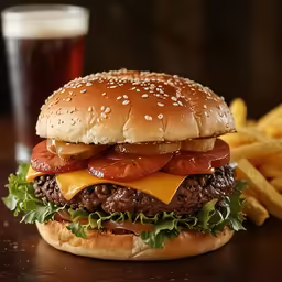 a large hamburger and fries sitting next to each other