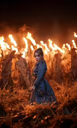 a beautiful woman in a long blue dress standing in a field