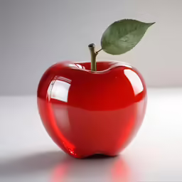 an apple on a white table with a green leaf sticking out of it
