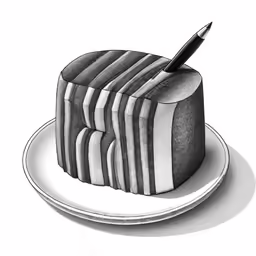 a cake on a plate with a pen