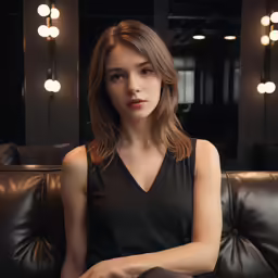 a women wearing a black dress sits on a black couch