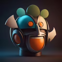 the face of an avatar in a blue and orange mask