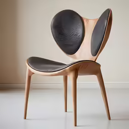 a wooden chair with two black cushions in an empty room