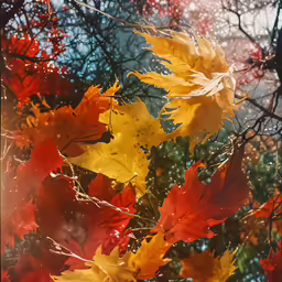 bright autumn leaves blowing in the wind