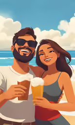 a man and woman standing at the beach smiling with a glass of beer