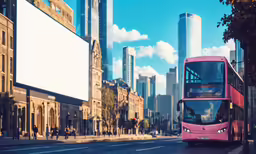 a pink double decker bus driving past tall buildings