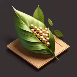 the leaves and pearl beads are laid out on a plate