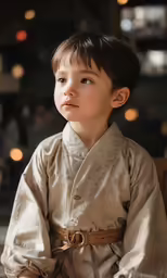 a young boy in a white and black chinese outfit