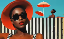 a woman with a big bright red hat wearing sunglasses