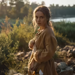 a young woman standing in a field next to rocks