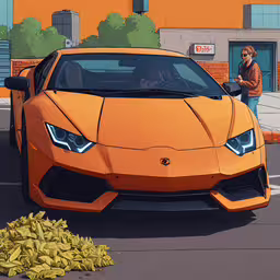 a car with an odd looking grill in front of it,an orange sports car in a parking lot