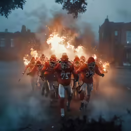 several players run out from a fire and burn