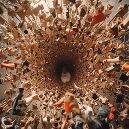 a spiral view into a group of wooden objects